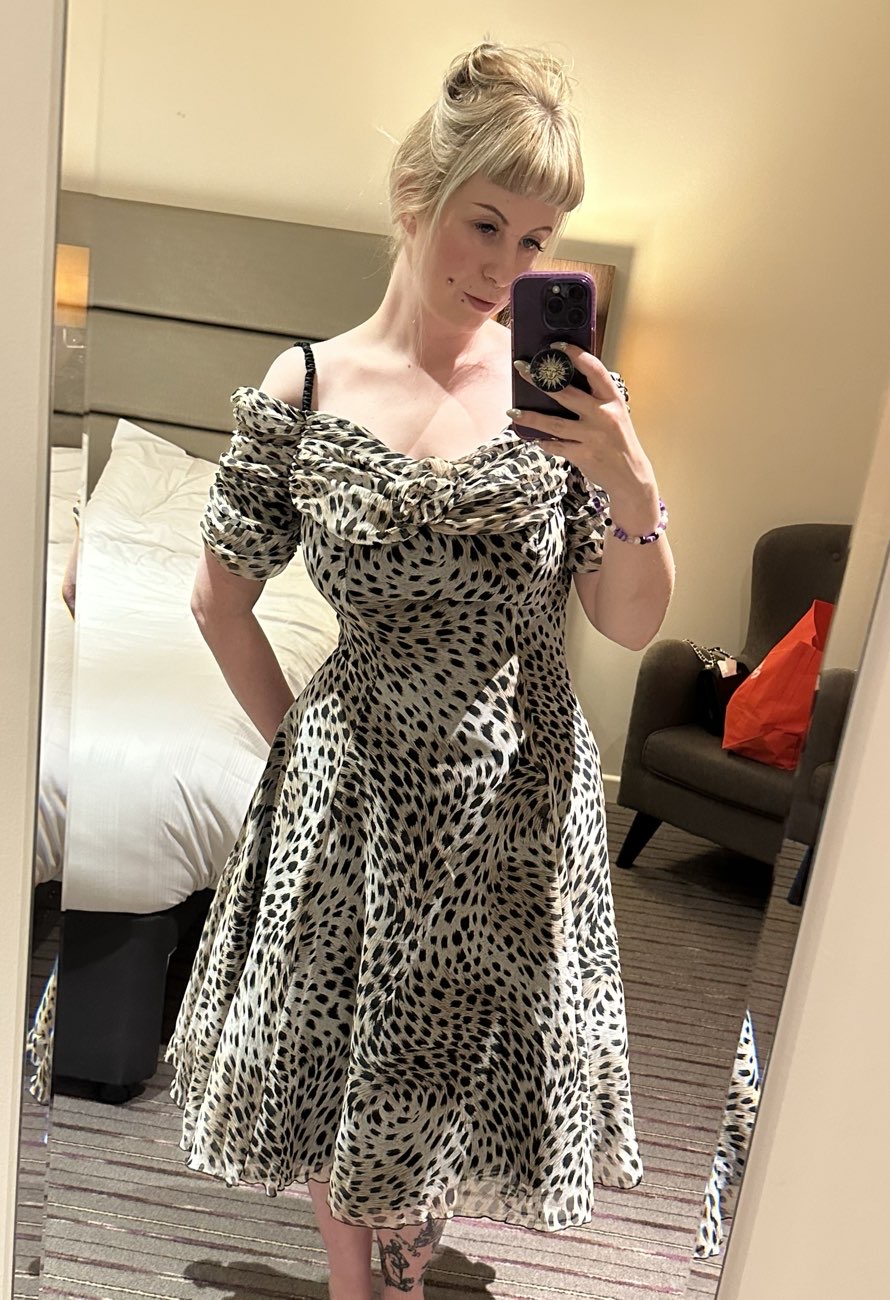 Vintage leopard prom dress + vintage beaded bunny bag + bonus charity shop cat called Chuck 😸 bought at Garden House Hospice for £21.50