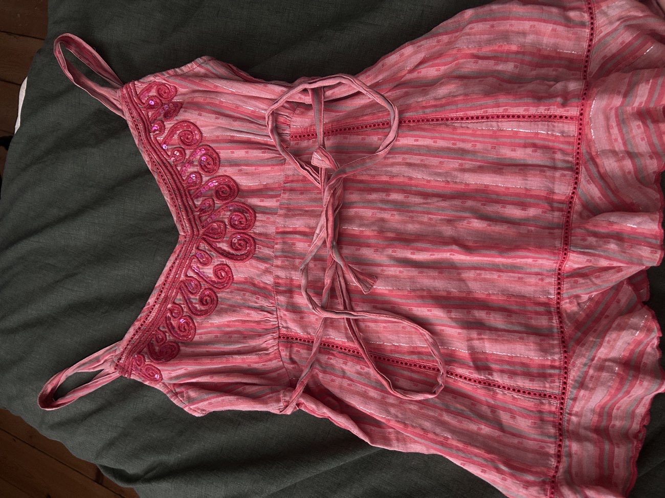 pink patterned and sequin per una cami top bought at Barnardos for £3.50