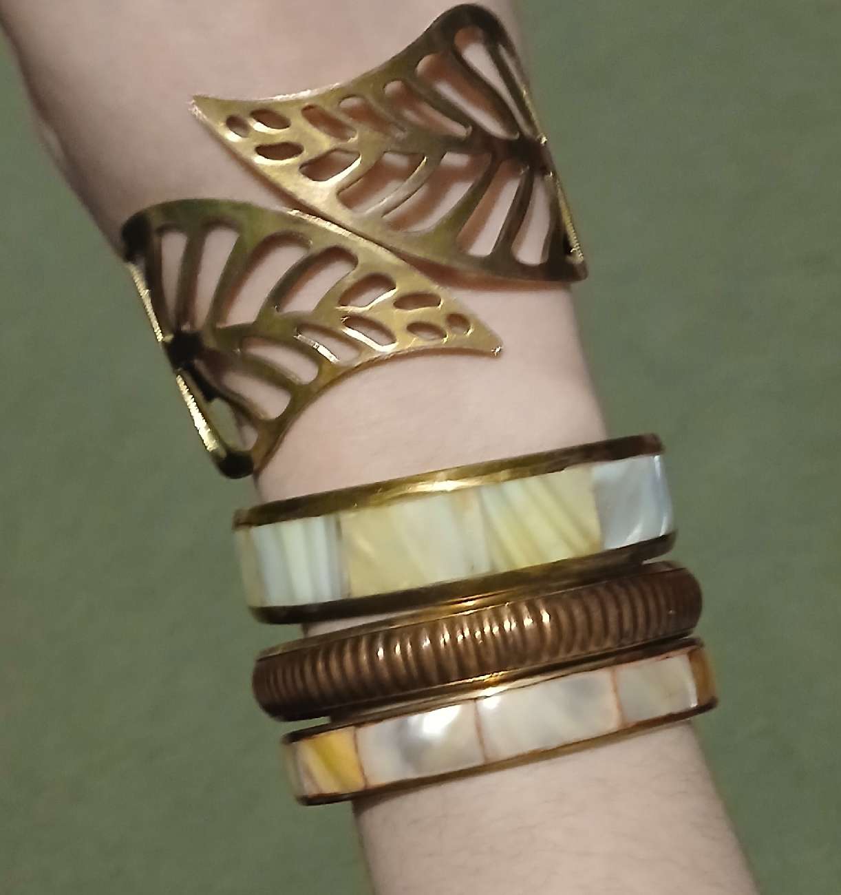 Mother of pearl and brass bangles product bought at St Richard's Hospice Charity Shop, Mealcheapen Street, Worcester for £4.00