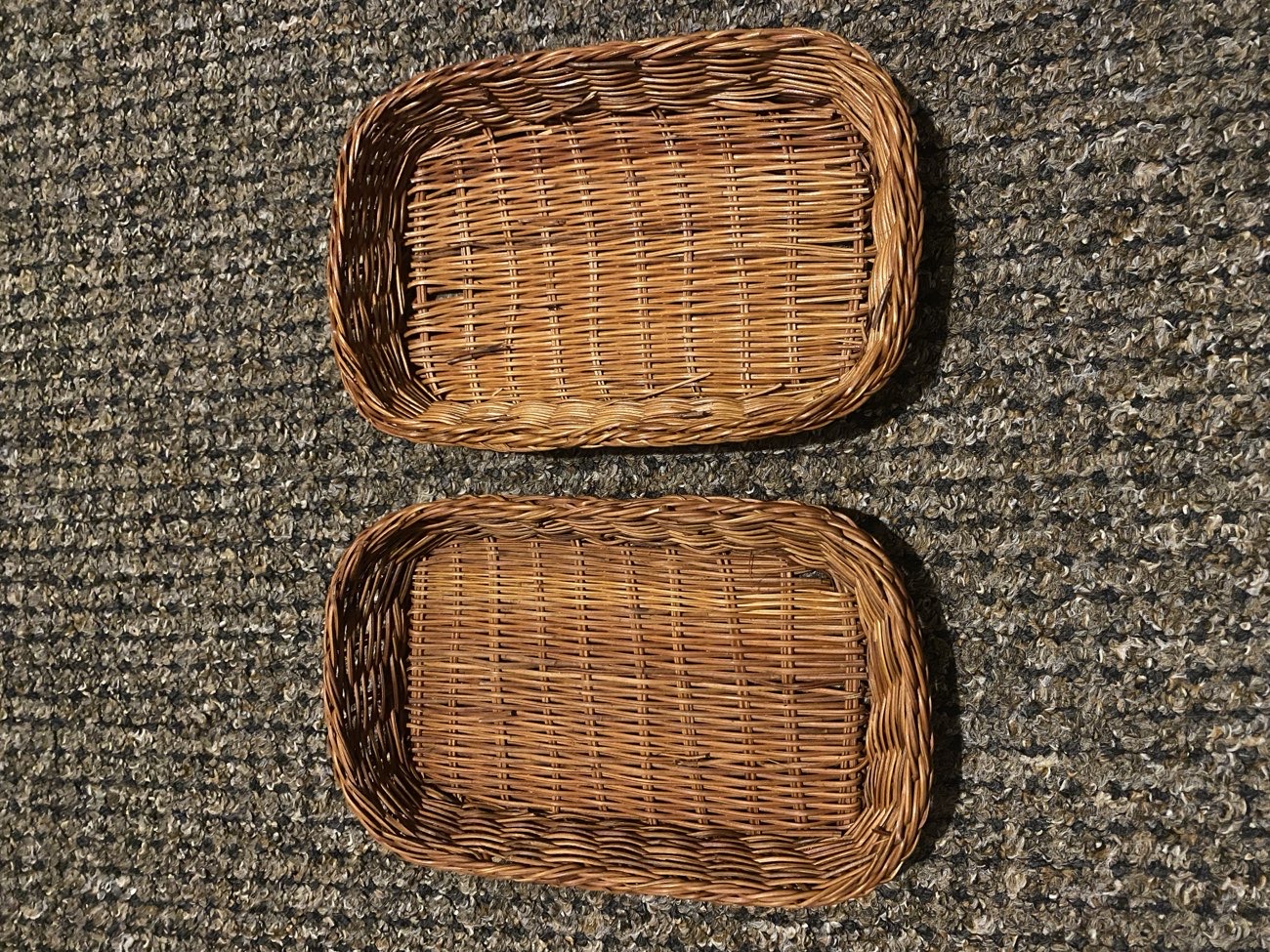Two indentical brown wicker baskets~ £0.50 each product bought at Dorothy House Hospice for £1.00