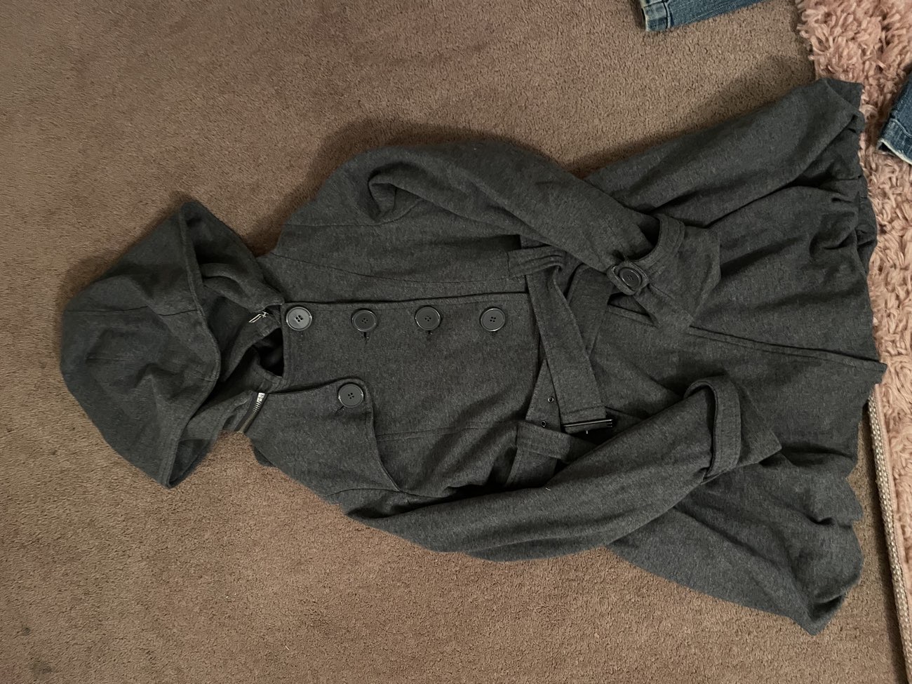 grey buttoned coat bought at Age UK Charity Shop for £7.99