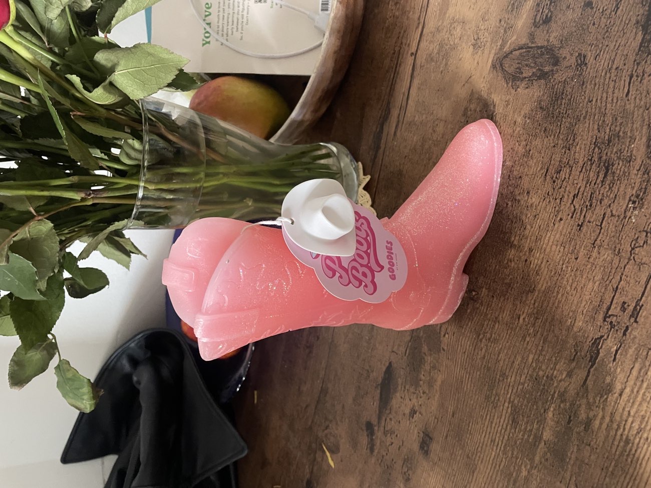pink sparkly cowgirl boot candle bought at Greenwich & Bexley Community Hospice for £5.00