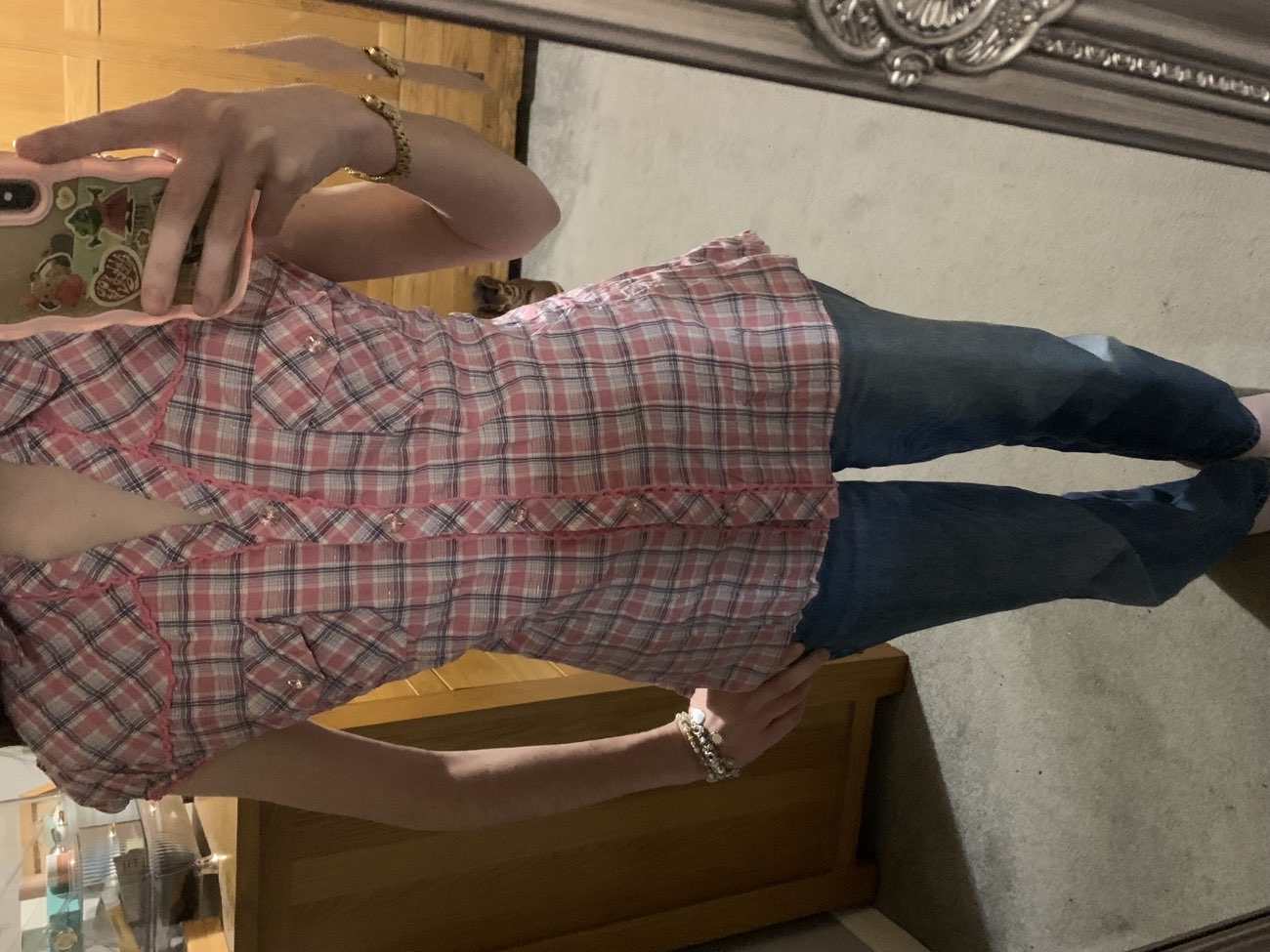 pink and purple plaid short sleeved shirt bought at The Salvation Army Charity Shop for £2.50