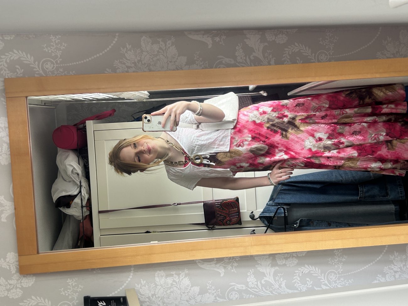 vintage pink patterned maxi dress bought at British Red Cross for £3.25