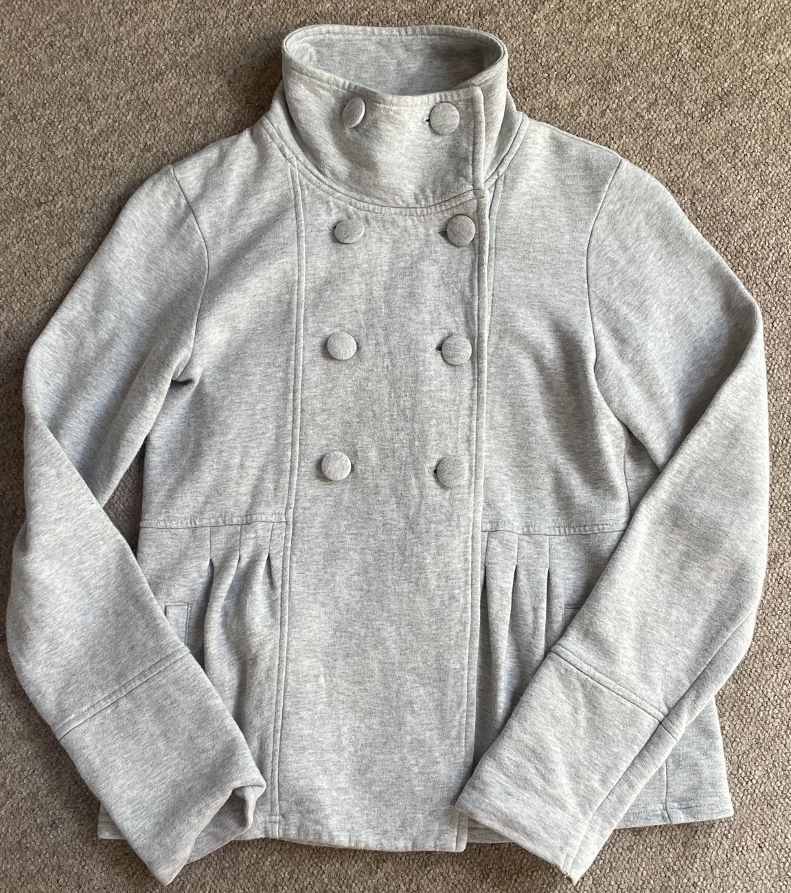 light grey pea coat bought at Age UK Charity Shop for £7.99