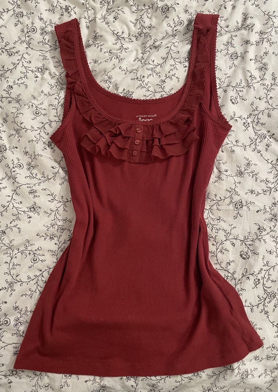 red ruffled neck line top bought at YMCA for £3.50