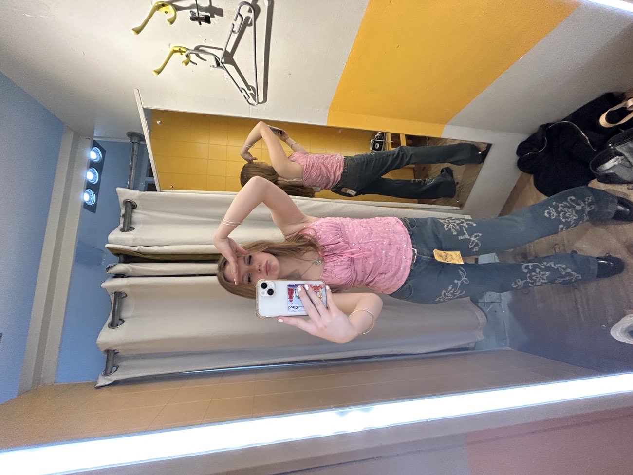 pink sequin top and embroidered jeans !! bought at Beyond Retro Brighton