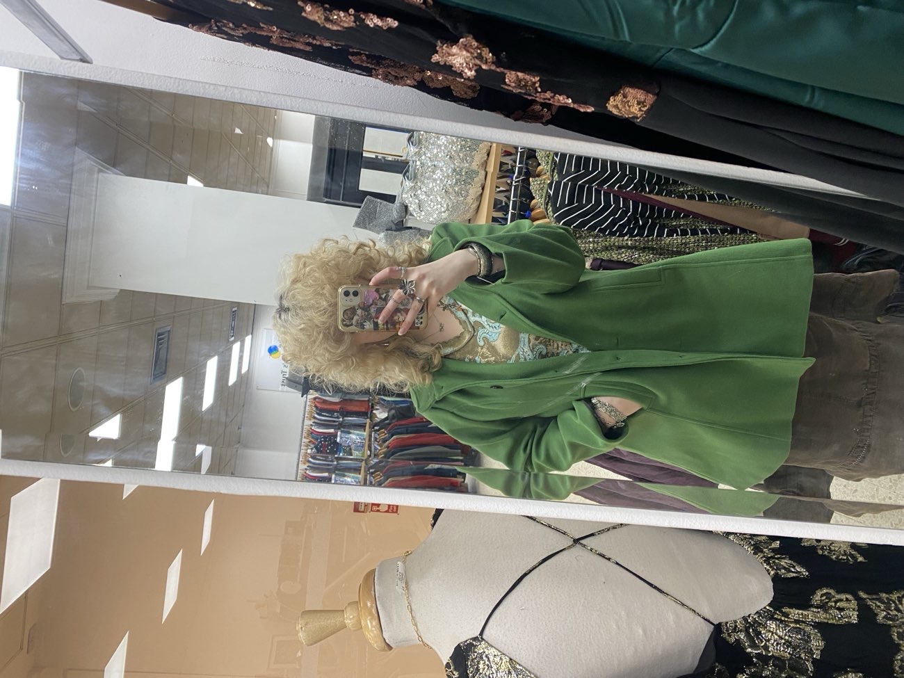 gorgeous red, green, brown vintage coats, brown skirt and red scarf bought at British Heart Foundation