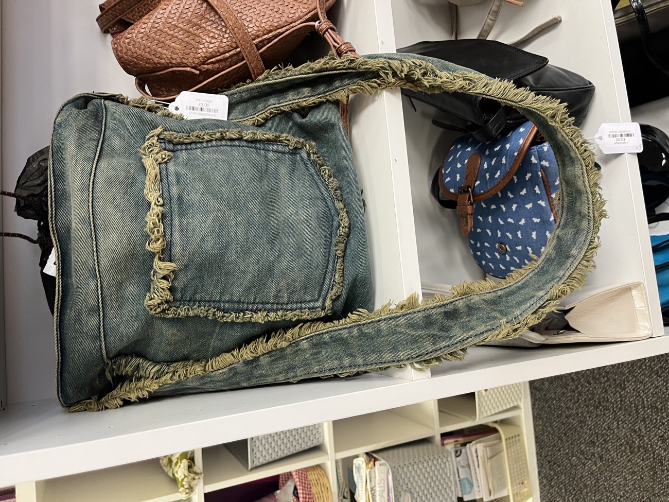 Cool Y2K denim sling bag (died green maybe? when I soaked it it was very very green) bought at Womens Aid for £3.00