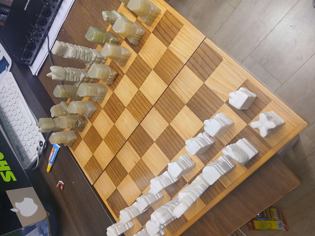 green onyx crystal and white marble aztec style chess pieces with mis-matched wood board bought at British Heart Foundation Home Store for £6.00