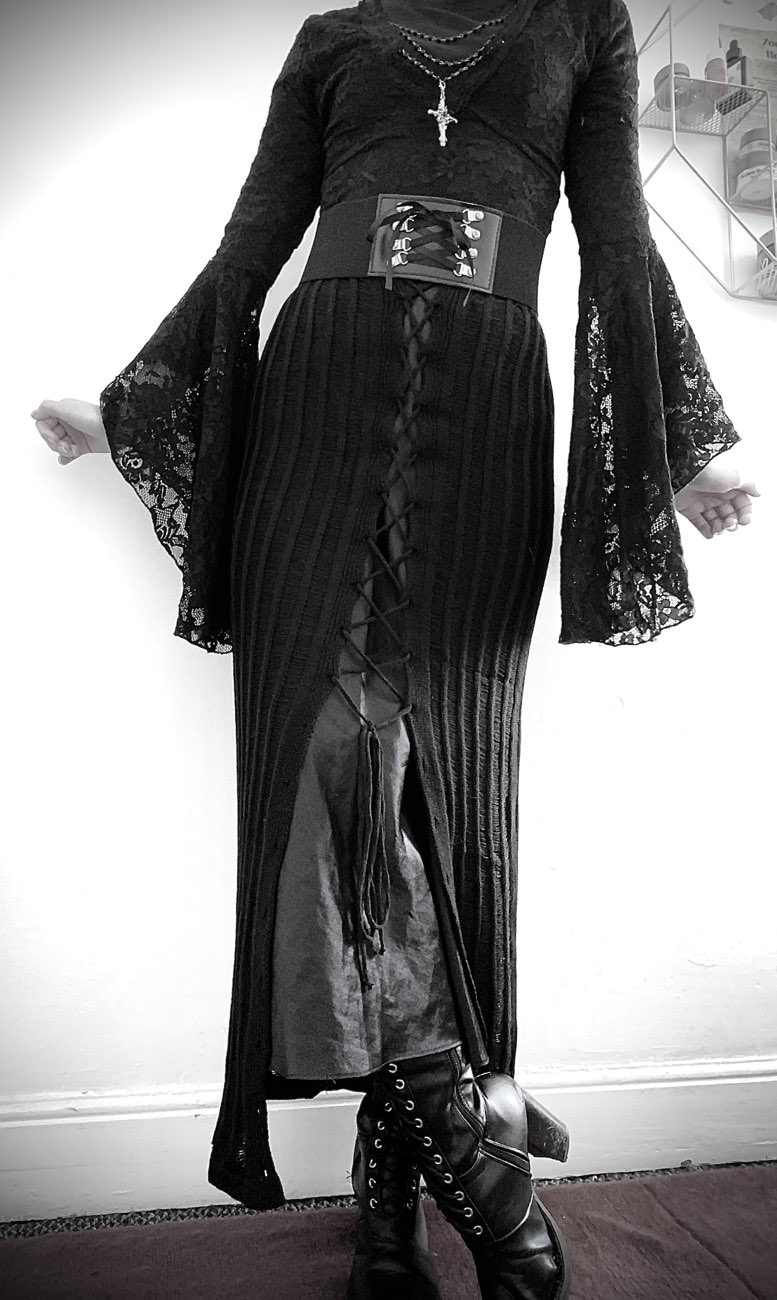 Black distressed knit lace-up maxi skirt! (styled in a fully thrifted fit :p) product bought at White Rose Leeds for £4.00