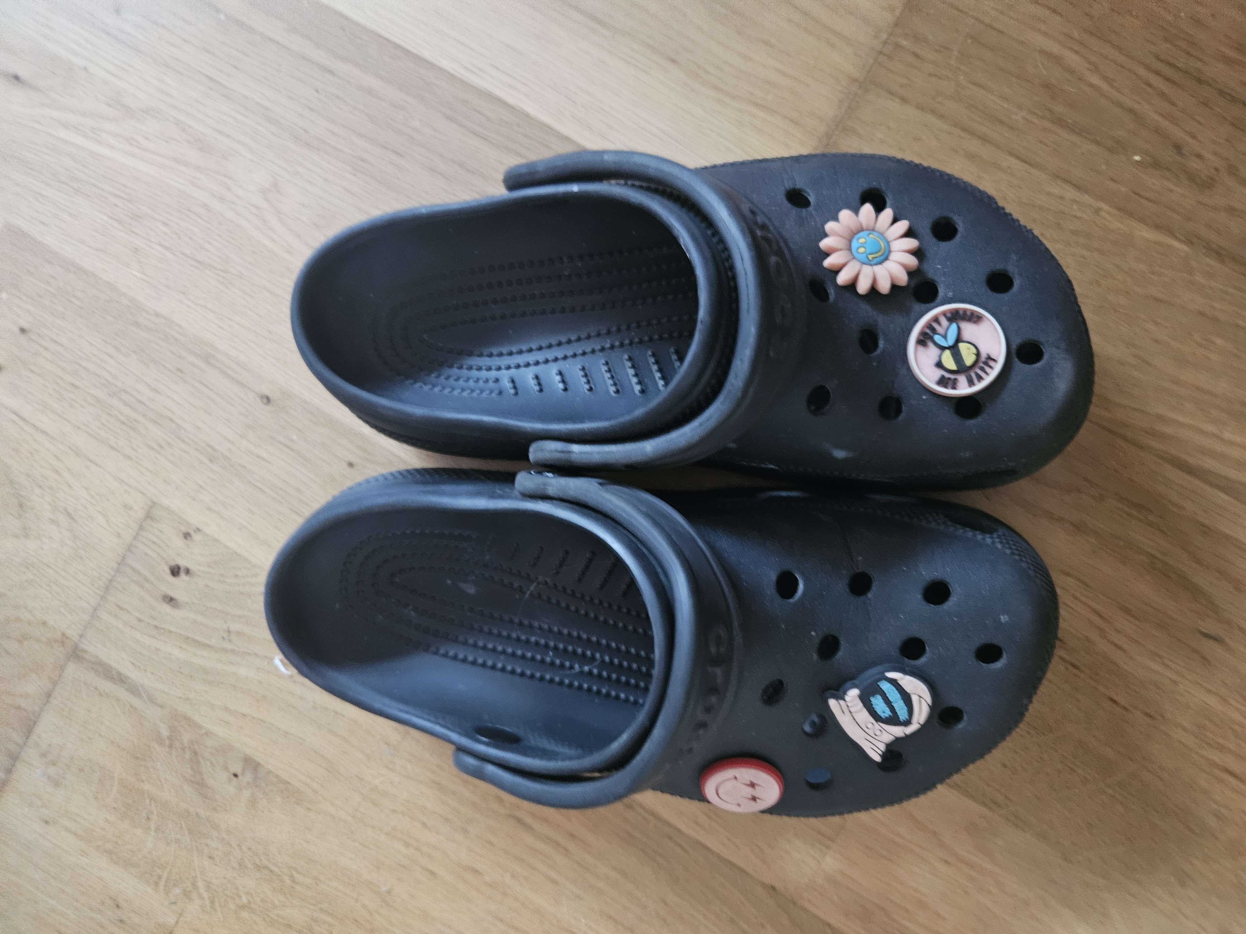Black Crocs bought at Sue Ryder for £5.00