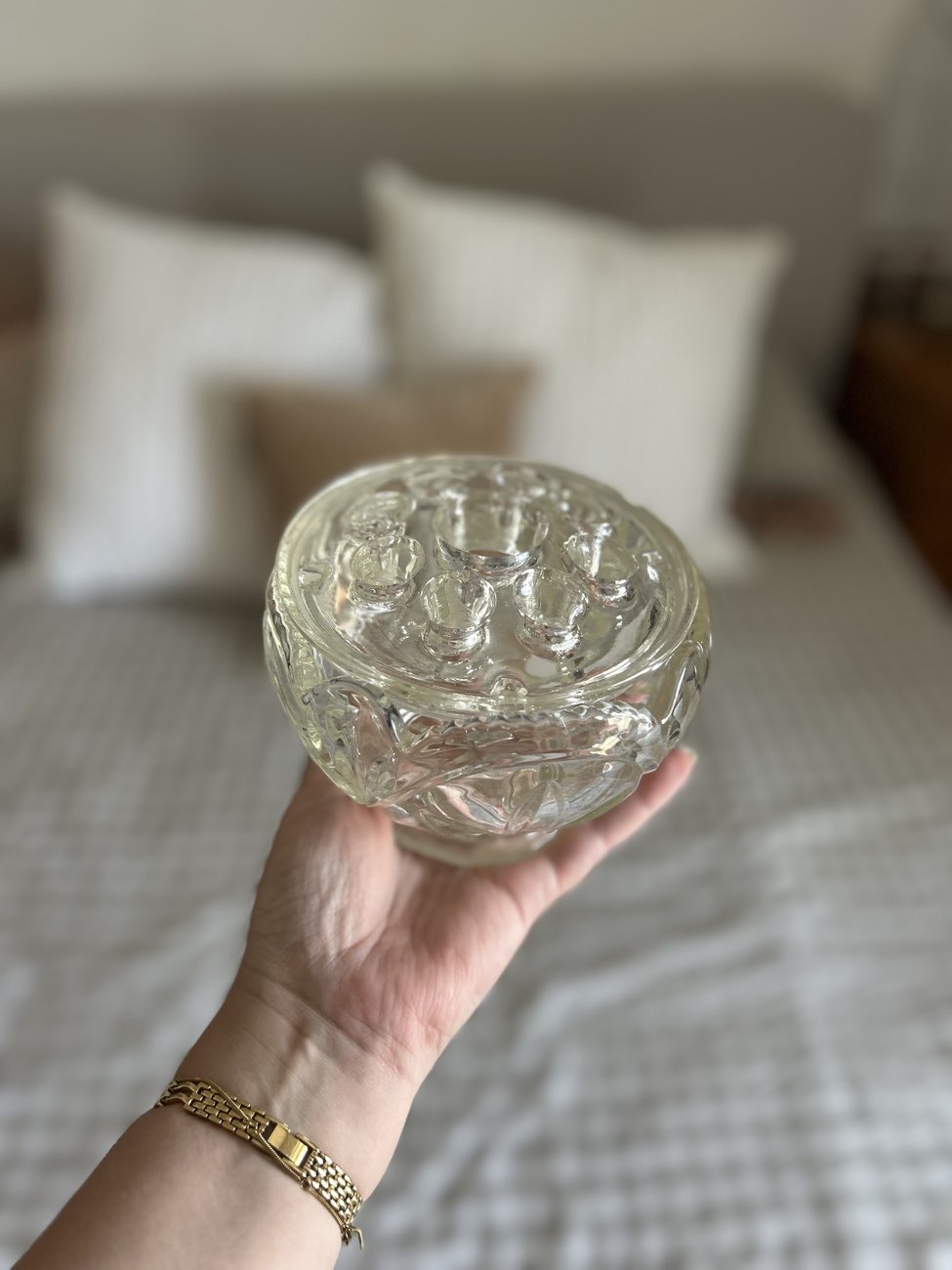 Glass flower frog vase, now holding my make up brushes bought at Brookfield Giant Car Boot for £1.00