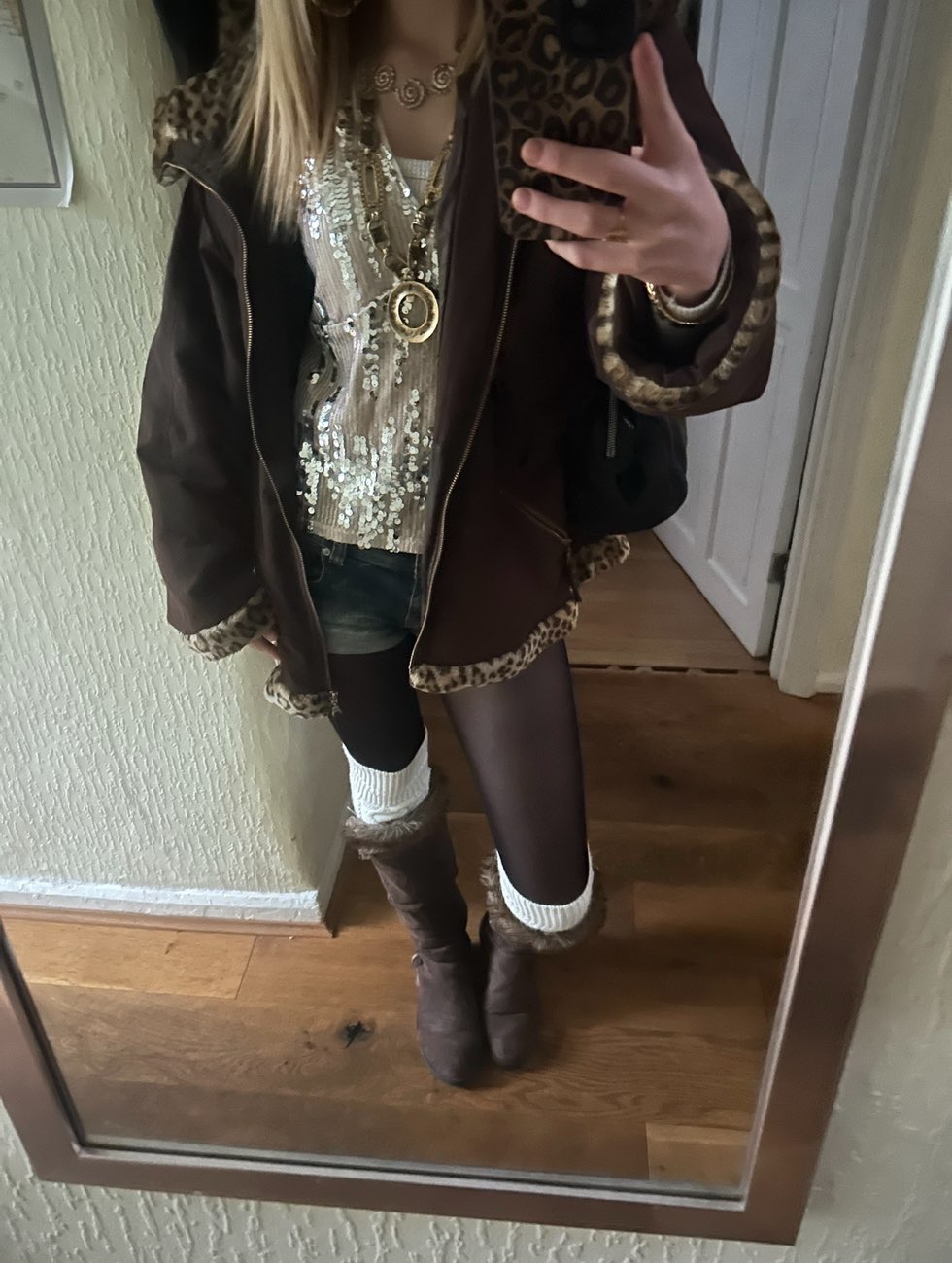 brown coat with leopard print fur trim bought at Barnardo's for £7.00