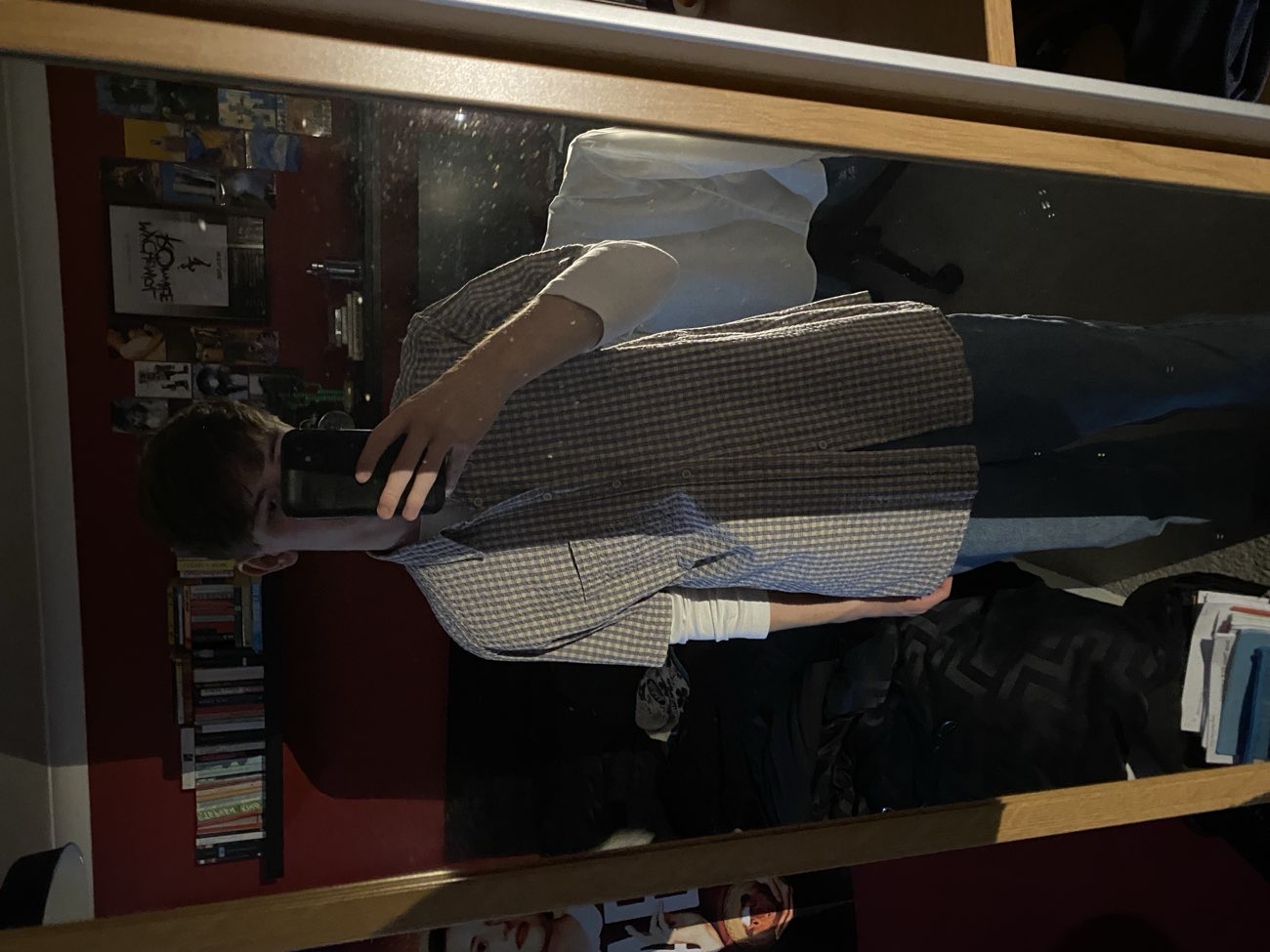 checkered cream and blue short sleeve button shirt bought at Overgate Hospice for £3.00