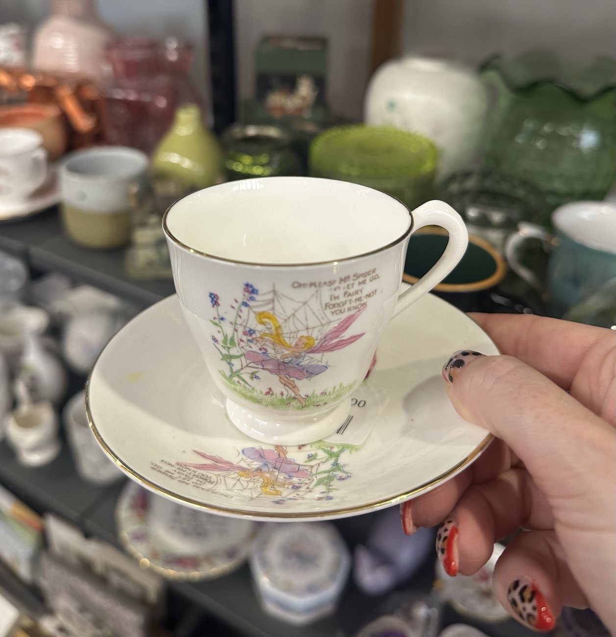 1930s children’s teacup with a fairy stuck in a cobweb 🥹🕸️🧚 bought at Thornberry Animal Sanctuary for £3.00