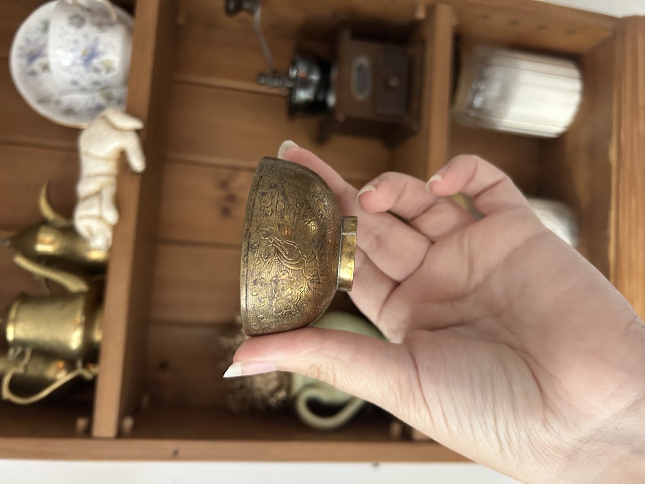 Small engraved brass bowl for putting my rings in when washing up bought at British Heart Foundation for £1.00