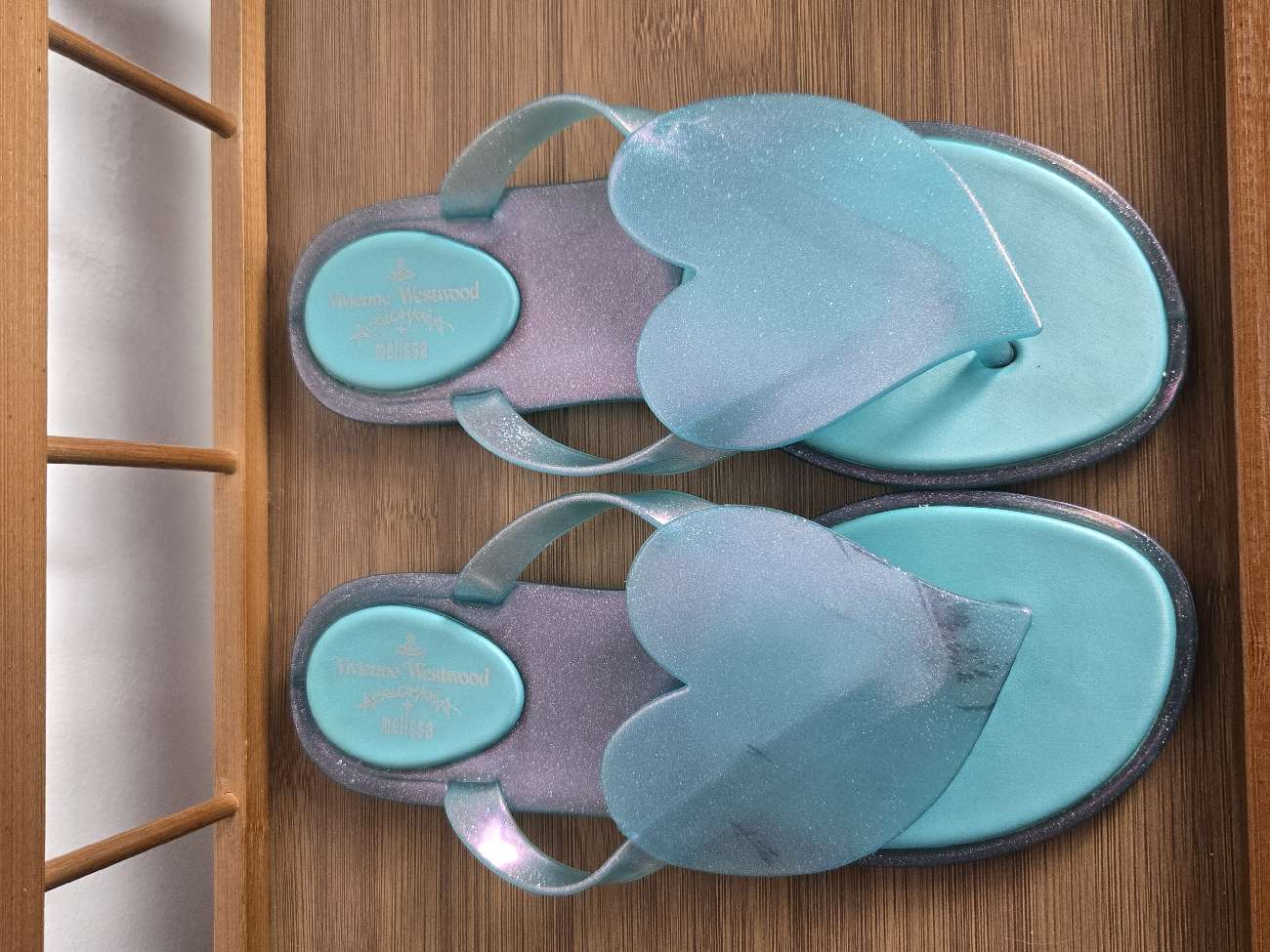 Vivienne Westwood Anglomania + Melissa blue glitter heart flip flops bought at Potters Bar Car Boot Sale for £5.00