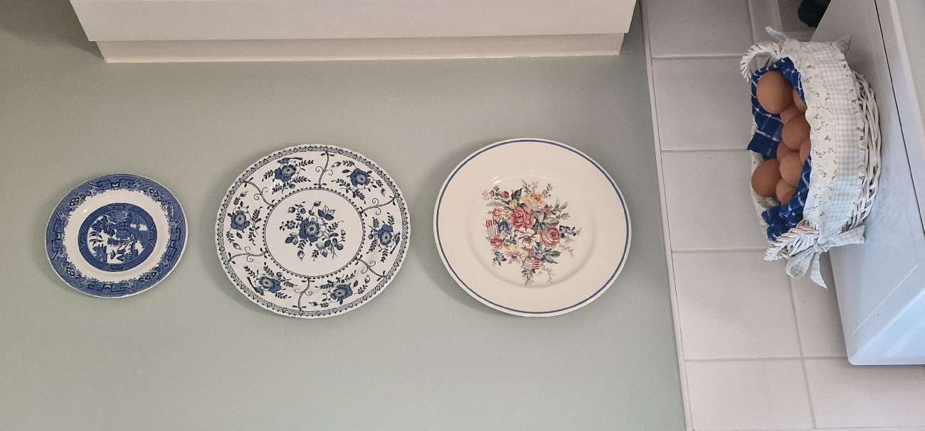 Vintage Plates & basket. £1, £1, £5, £3.50 bought at Pulloxhill Car Boot Sale for £1.00