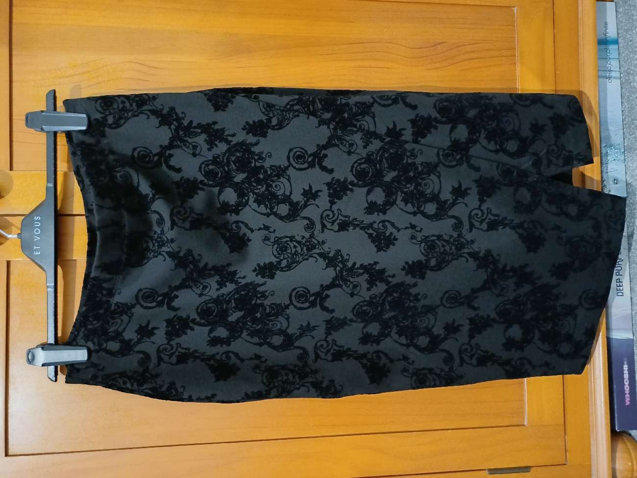 Black asymmetrical midi skirt with velvet details that include flowers and swirly whirlies :) bought at Dorothy House - Pop Up Shop