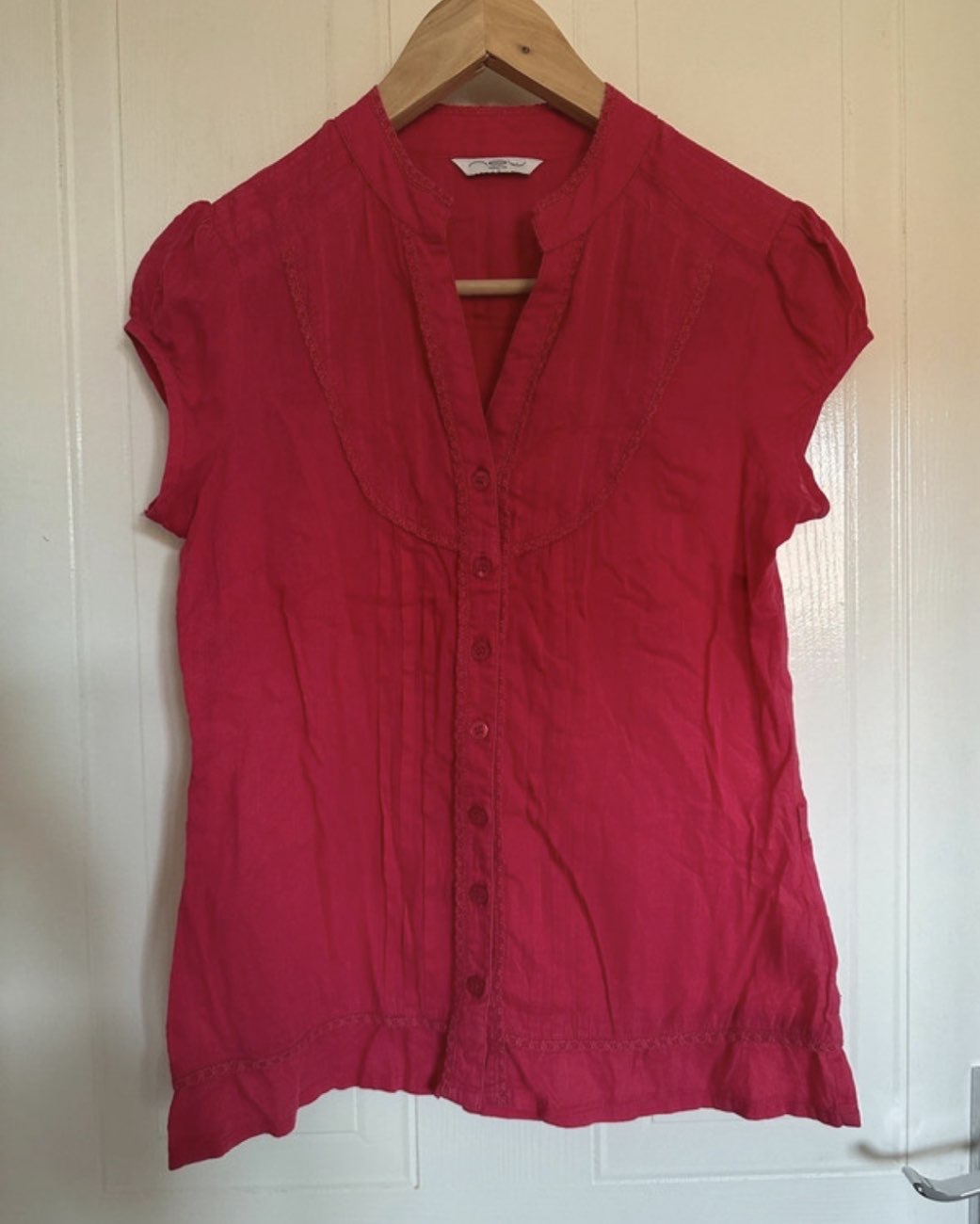 New Look Y2K Red Cotton Blouse Cap Sleeve Button Up bought at Barnardo's for £2.00