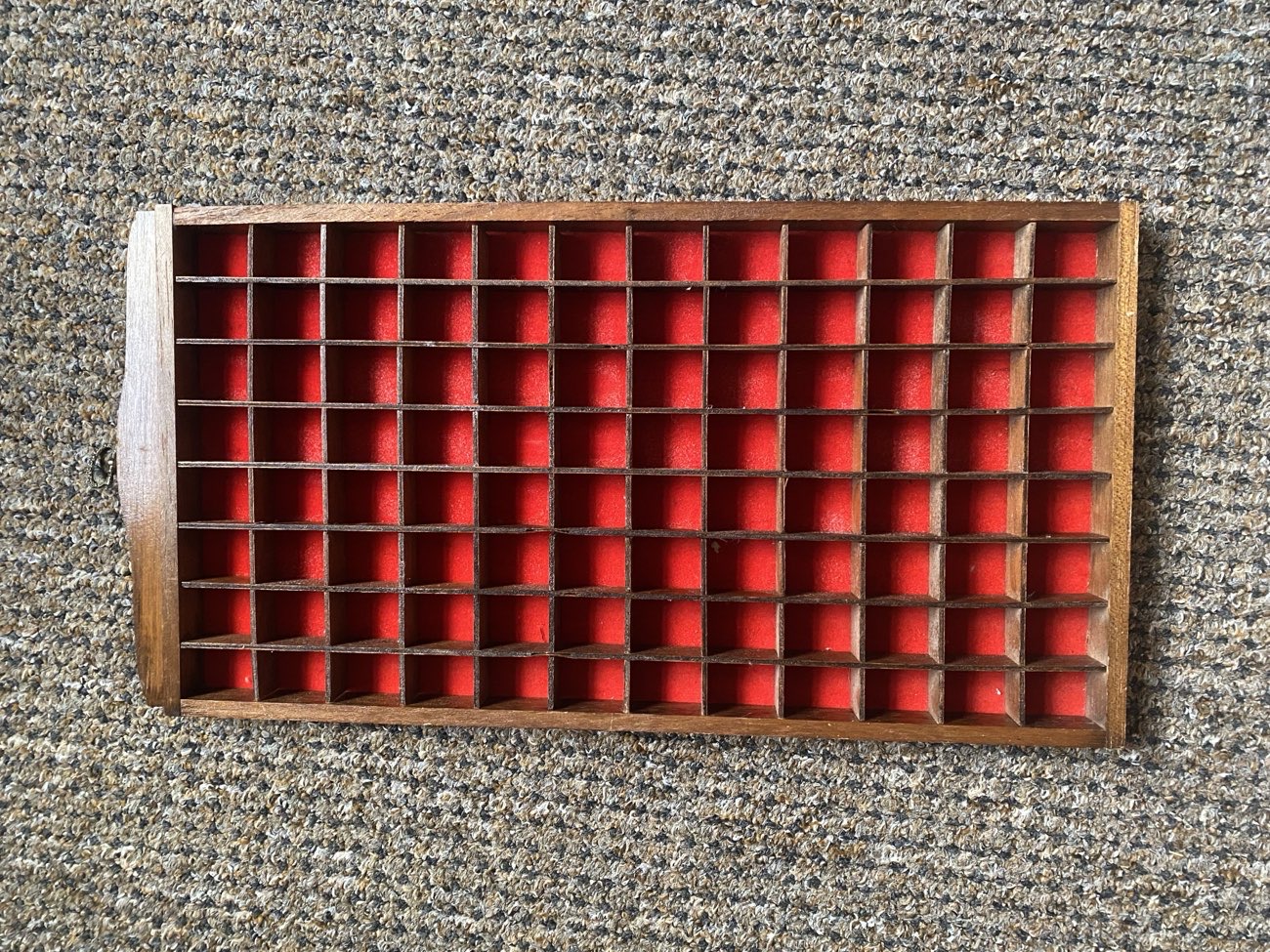 Red velvet & dark wood stained trinket shelf bought at Wilton Emporium for £5.00