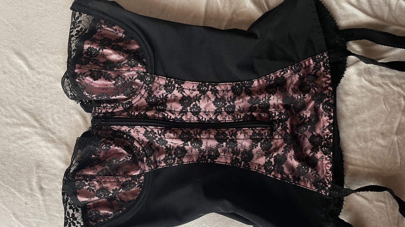 Pink & black corset top product bought at Barnardo's for £2.50