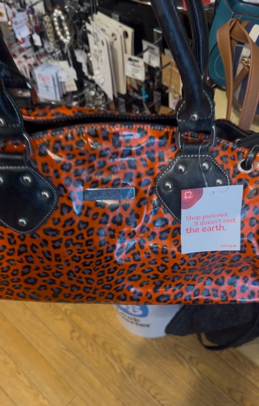 gothic orange leopard print hand bag product bought at British Heart Foundation for £5.00