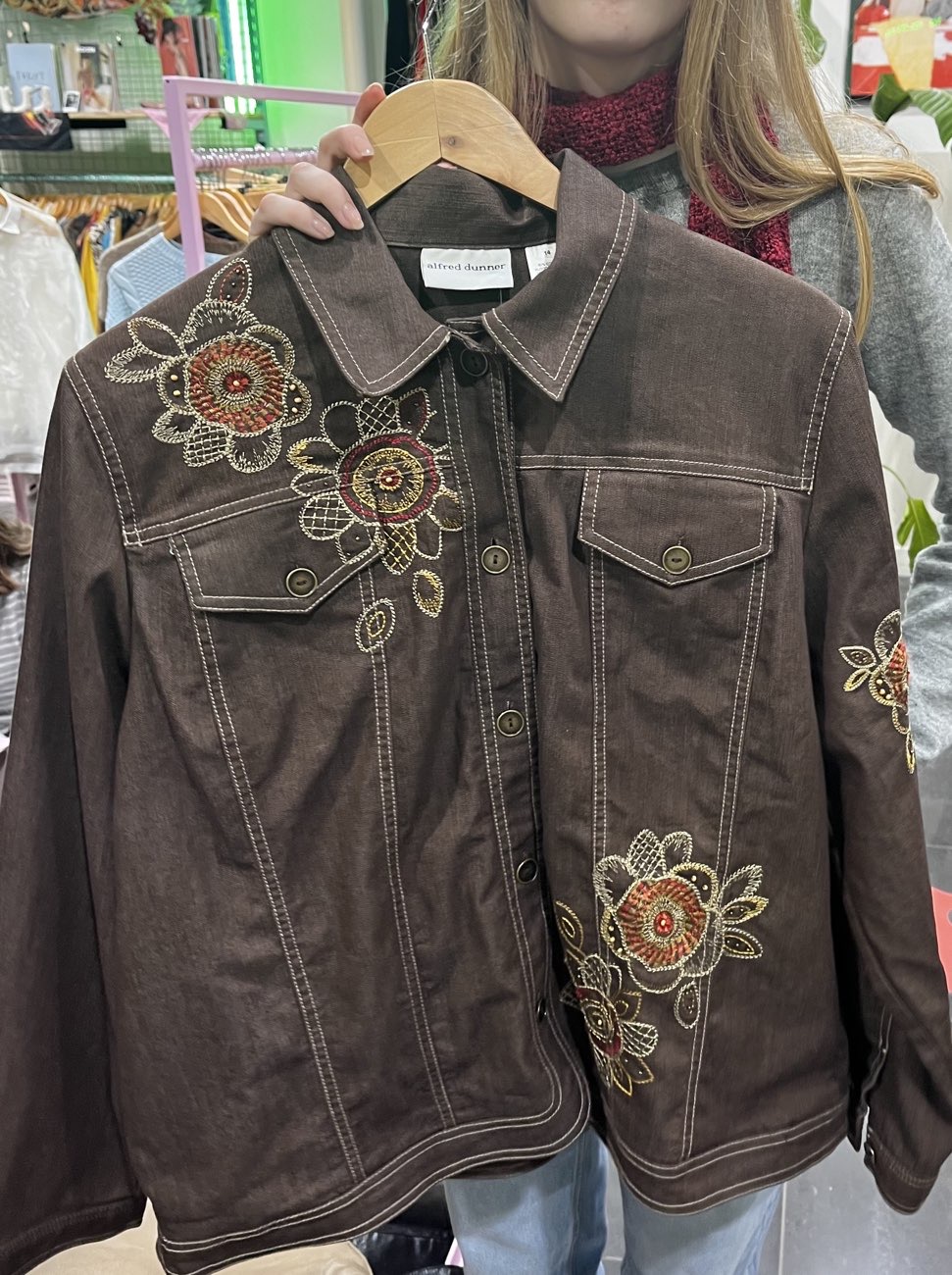 Embroidered second hand brown denim jacket bought at Glass Onion