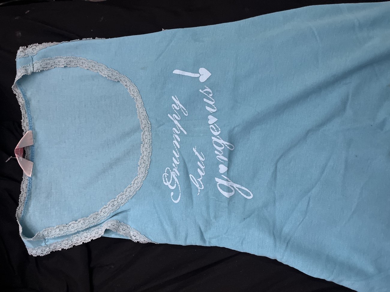 Y2k 2000s grumpy but gorgeous pj tank top w/ white lace bought at Cats Protection Charity Shop for £1.15