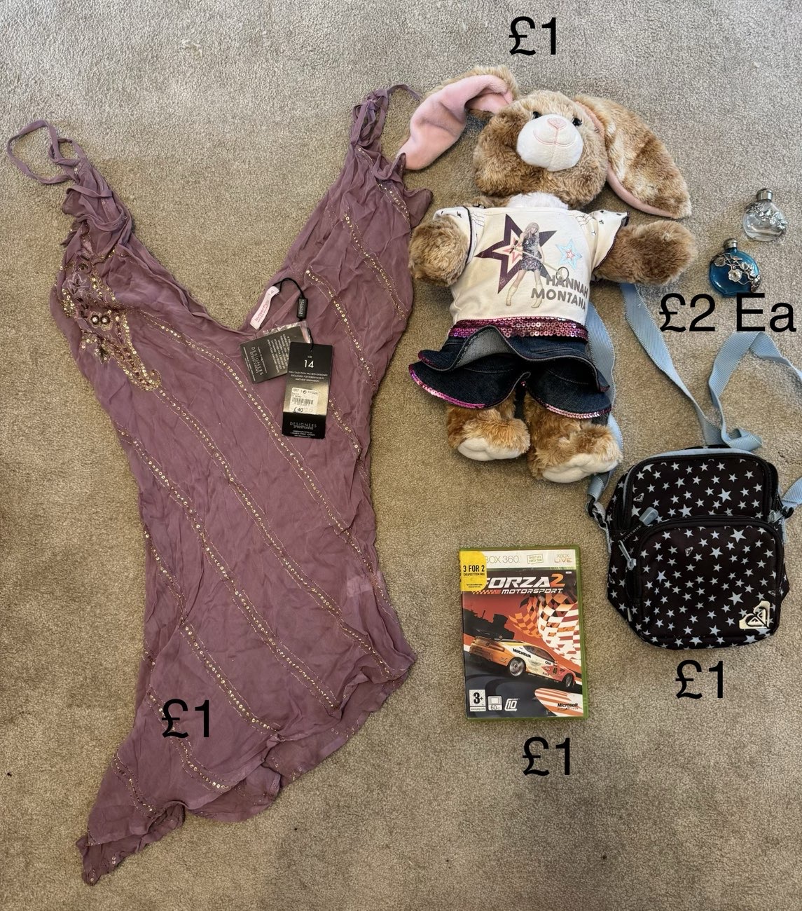 Y2K top, Hannah Montanna Build a Bear, Bintsge Perfume Bottles & More… product bought at Fitzwilliam Carboot for £1.00