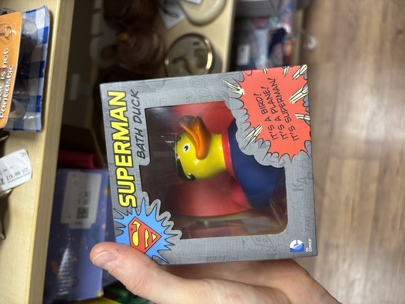 Superman bath duck product bought at British Heart Foundation for £5.00