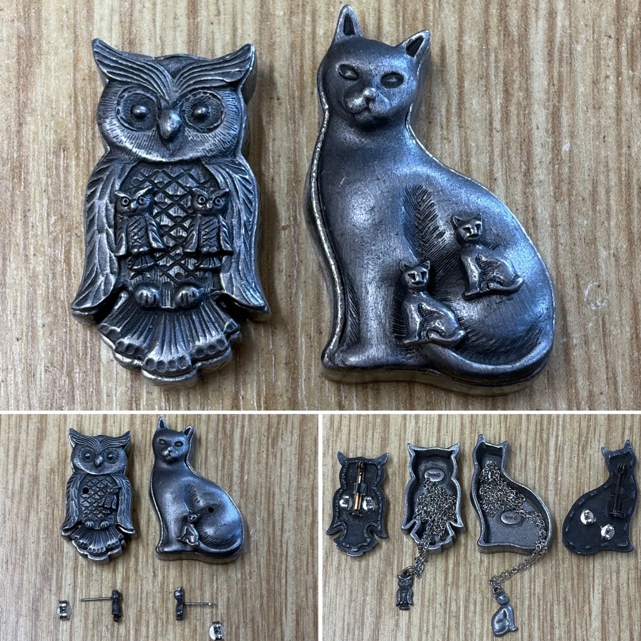 Pewter trinket boxes, with matching earrings, necklace, and brooch lid. product bought at Evesham House Clearance