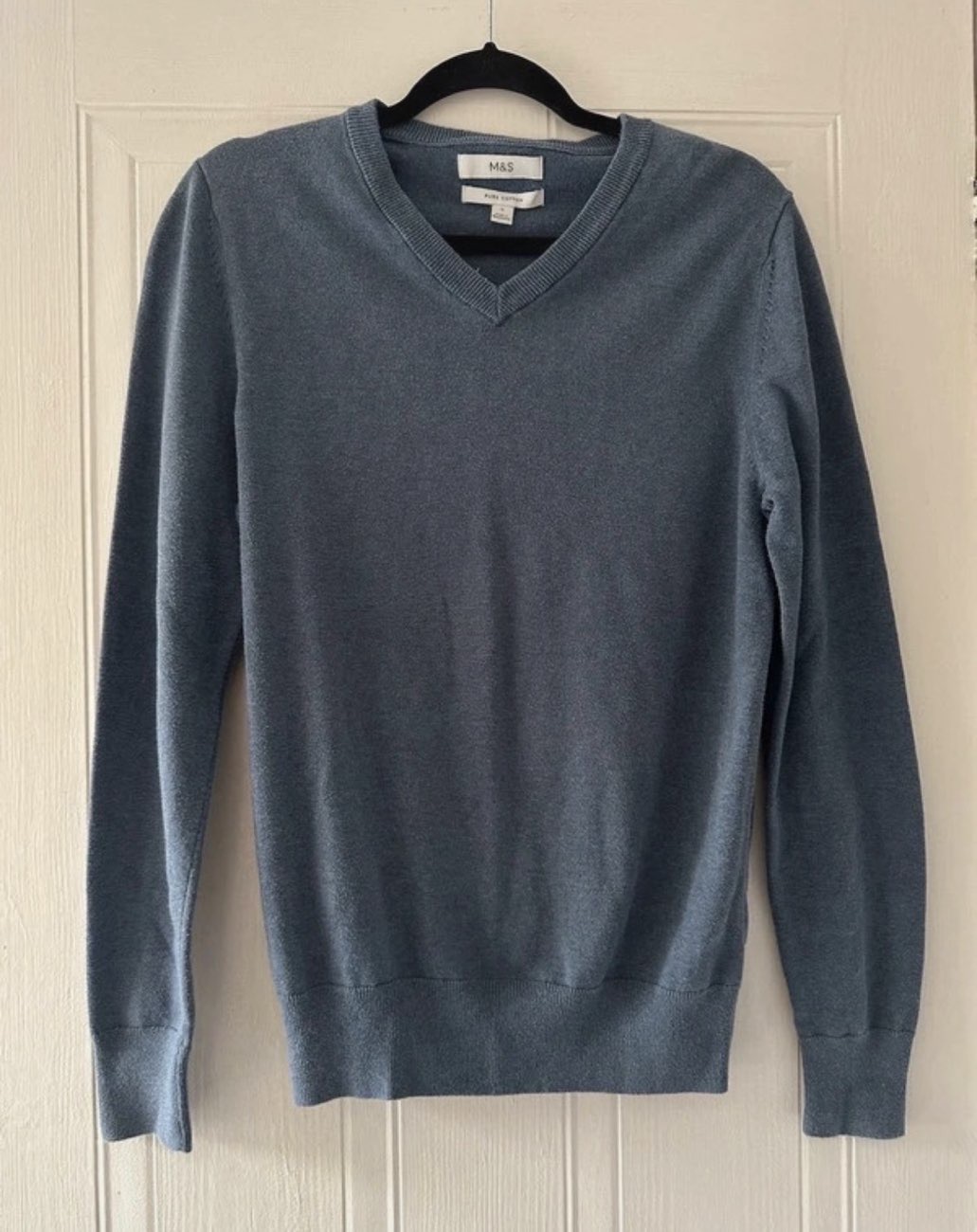 M&S Pure Cotton V-Neck Jumper Air Force Blue bought at M K Community Shop (Westcroft) Ltd for £0.50