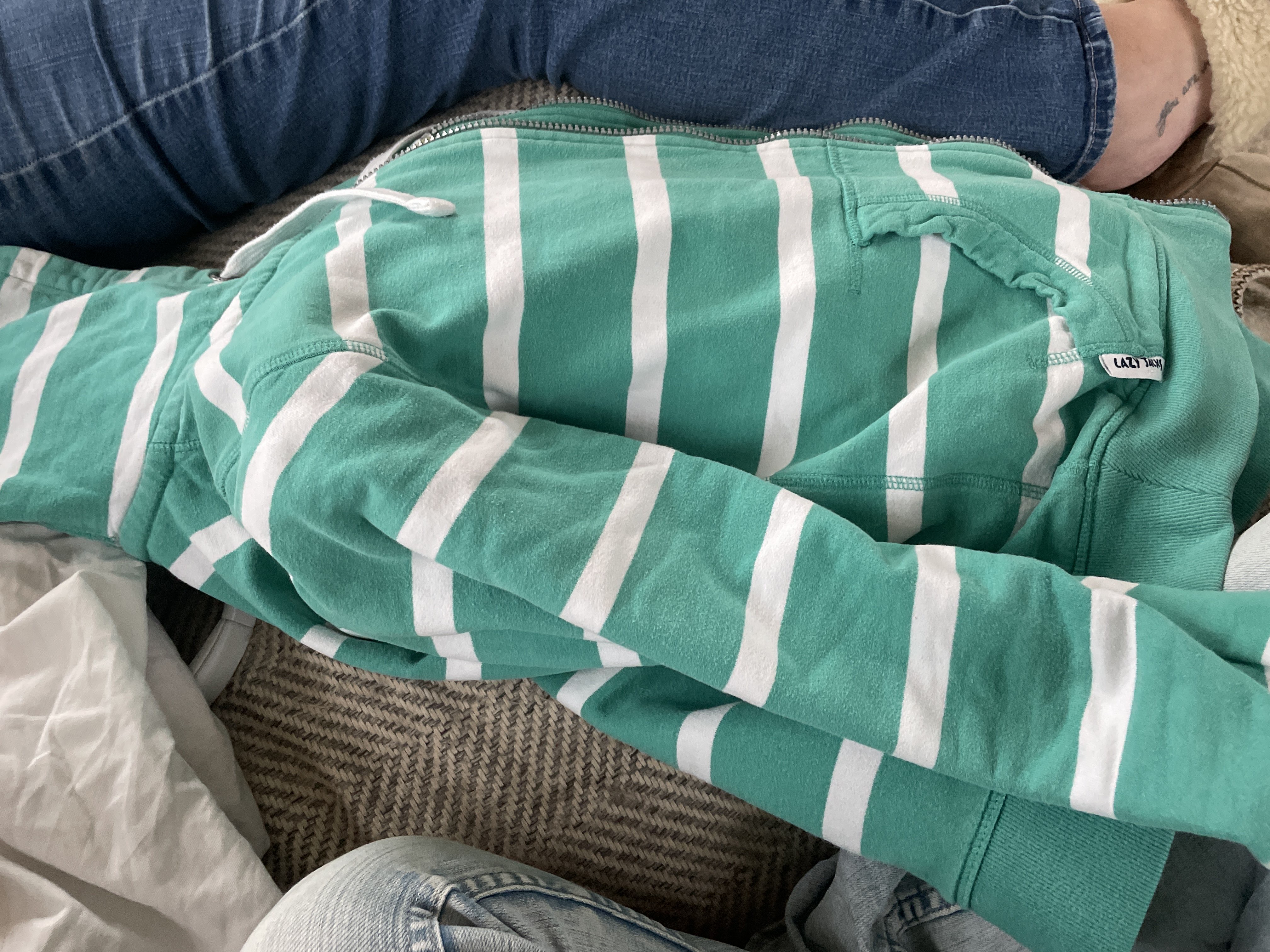 Greeny blue and white striped jacket product bought at Age UK Charity Shop for £6.50
