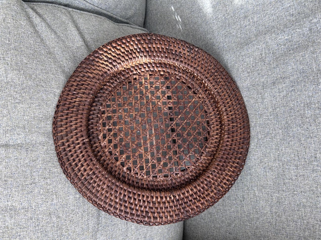 wicker plate bought at Cats Protection Charity Shop for £3.00