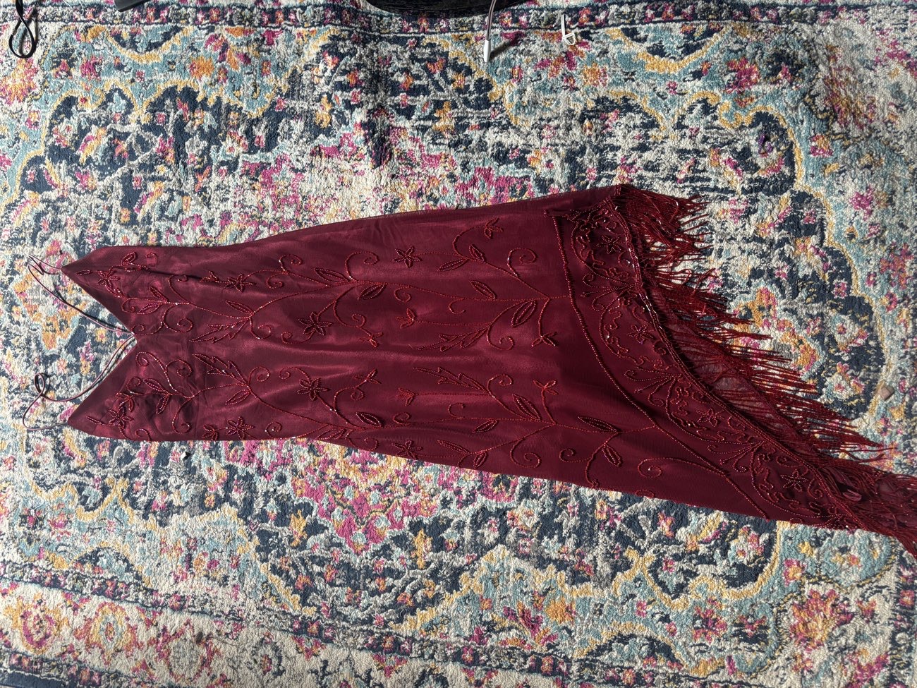 beaded vintage burgundy evening dress bought at Dorothy House for £6.00