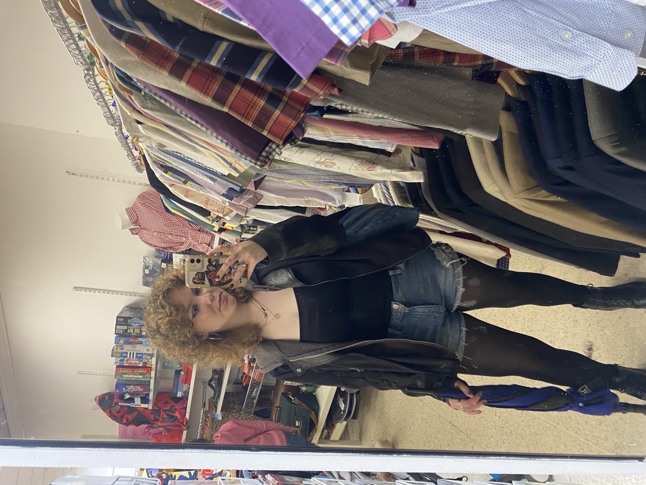 almost fully thrifted outfit, leather jacket£8, denim shorts£2, denim bag£3 bought at British Heart Foundation
