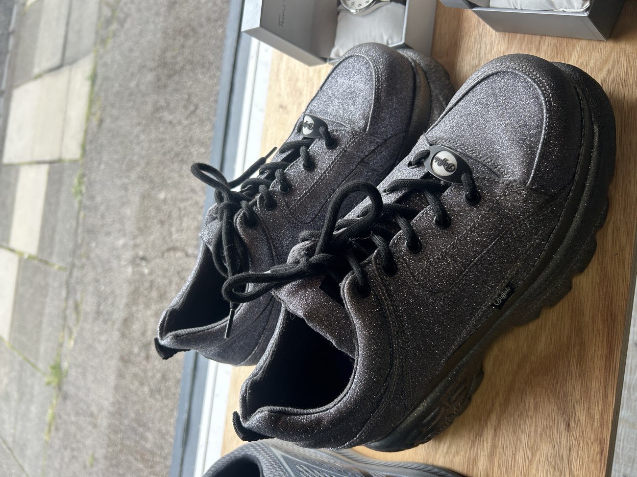 Run don’t walk! Size 9 glittery buffalo’s, if only they were smaller. bought at Mind for £30.00