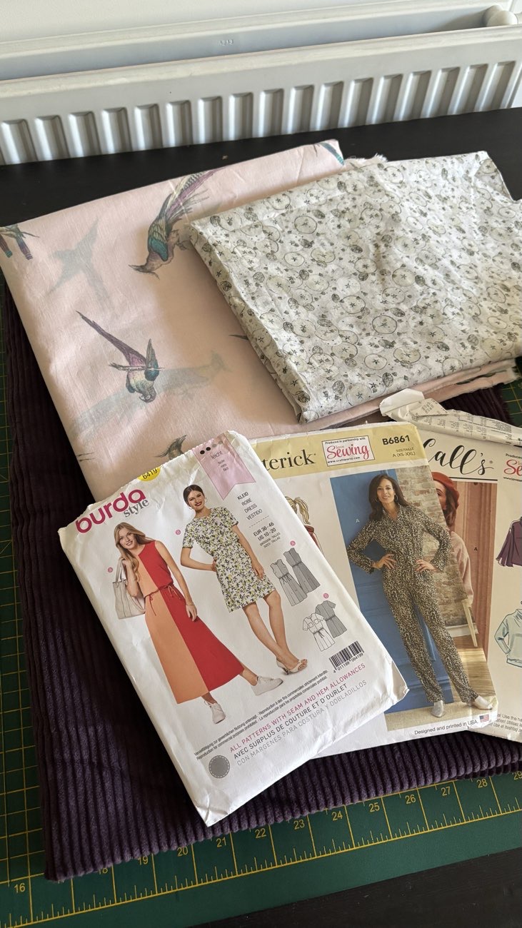 3 sewing patterns, 3 fabrics, frame & pot. Then scored with 8 clothing items on their £1 sale! bought at Emmaus Brighton for £26.00