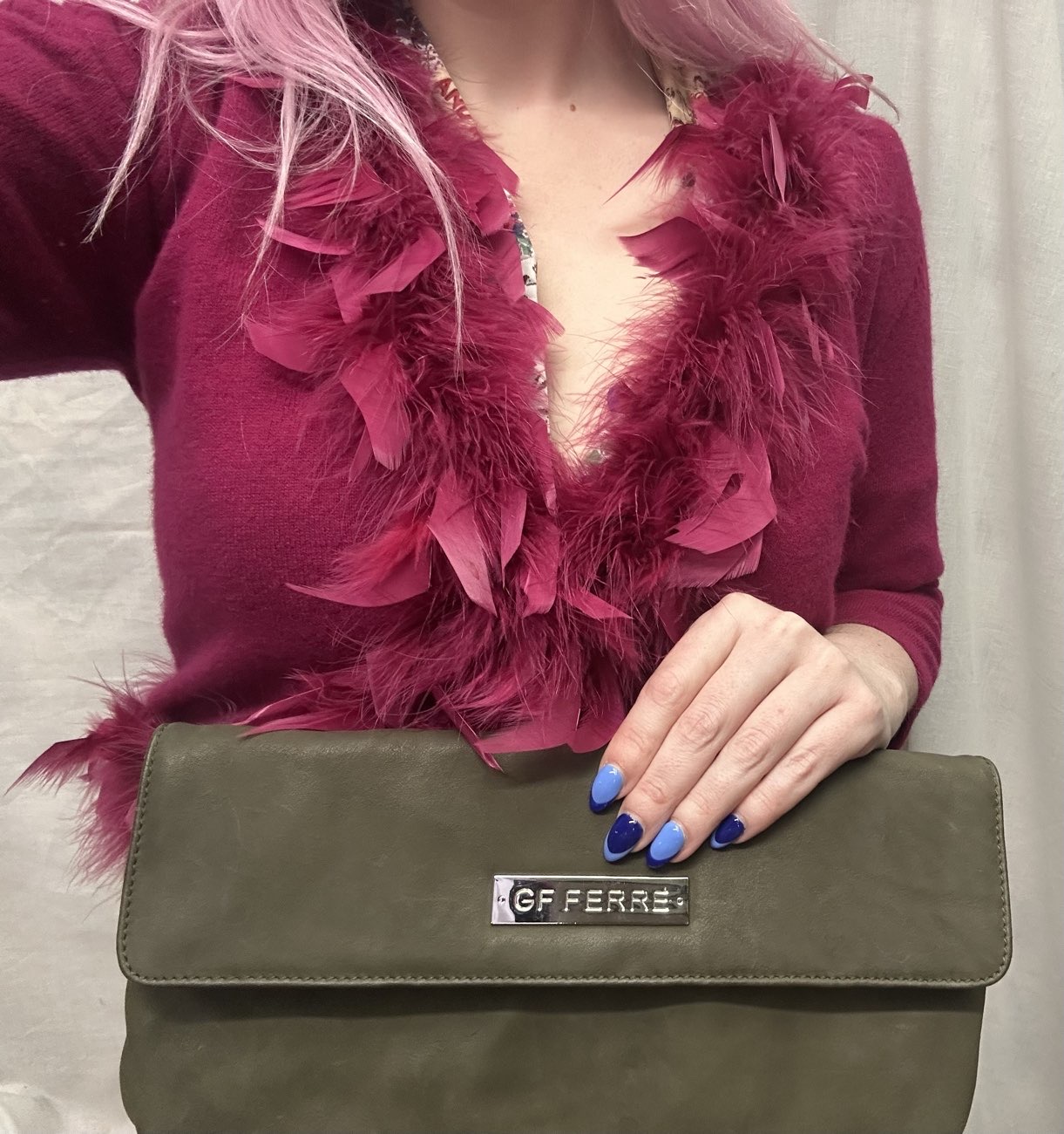 90s monsoon feather cardigan 🦩 (£7!) & a Gianfranco Ferre leather clutch (£4!) 🫒 product bought at British Heart Foundation for £11.00