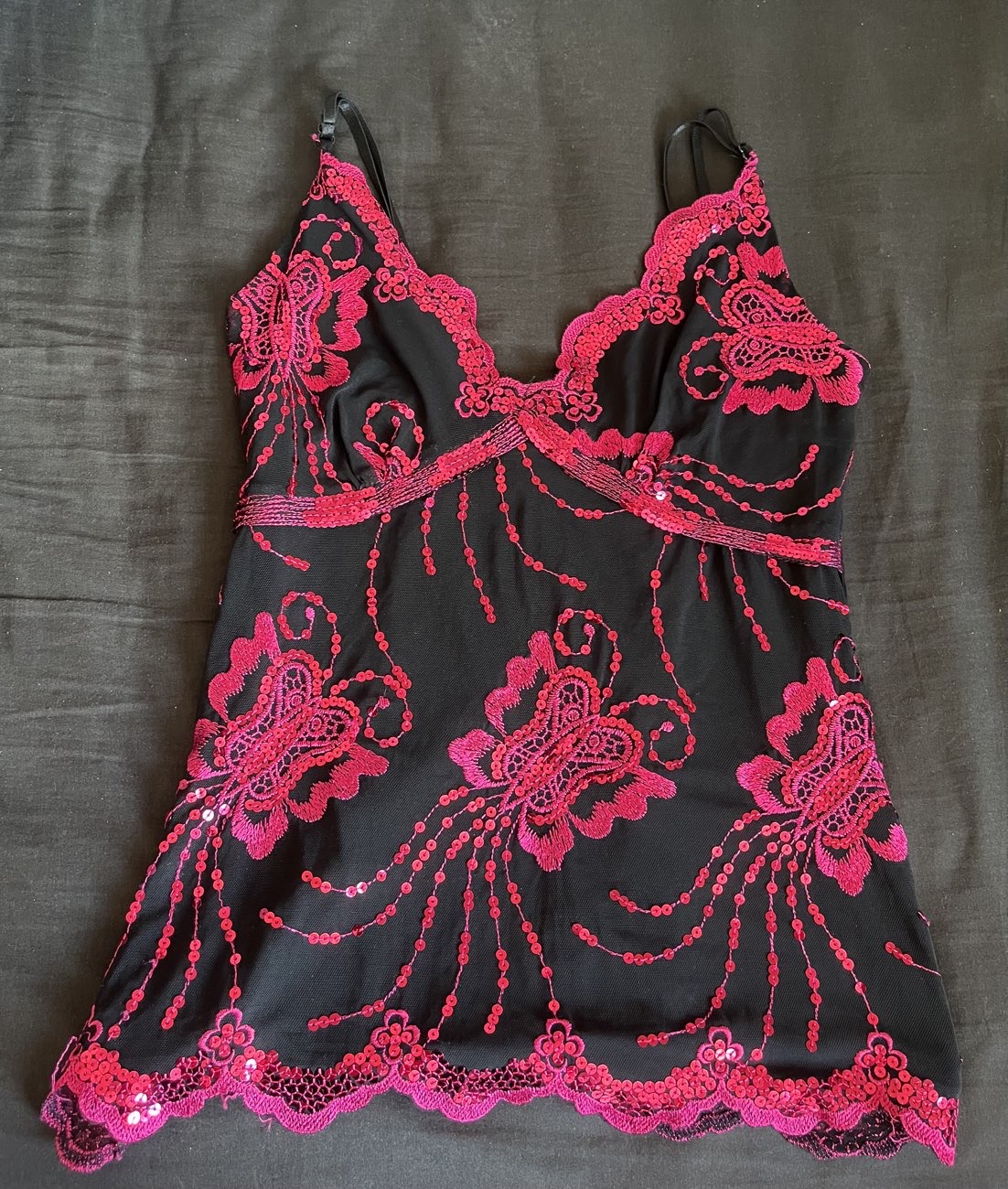 Cute black and pink sequin cami bought at Peace Hospice Care for £2.00