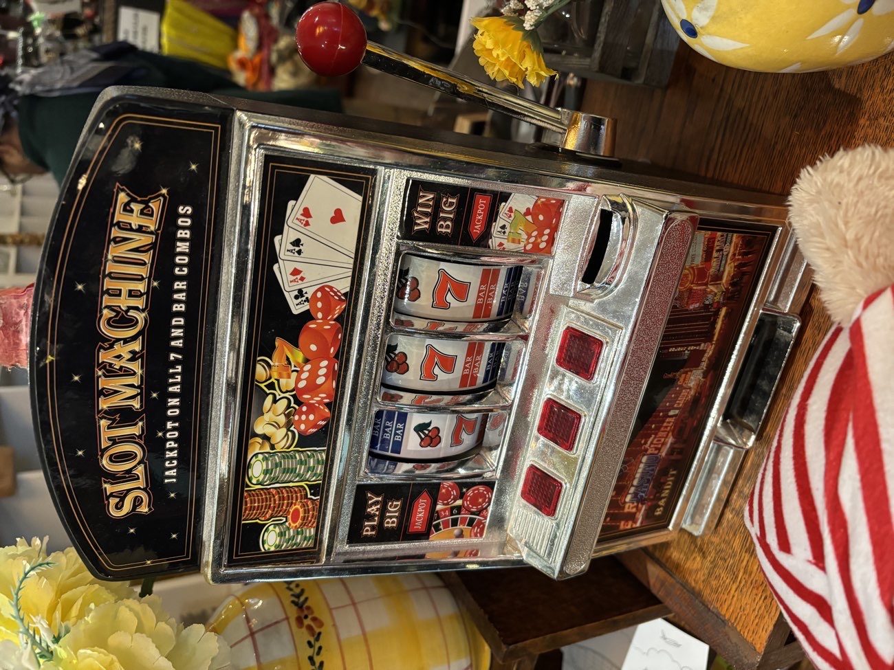 Really cool mini slot machine! Don’t remember the price tho (didn’t buy it) bought at Give Me Love