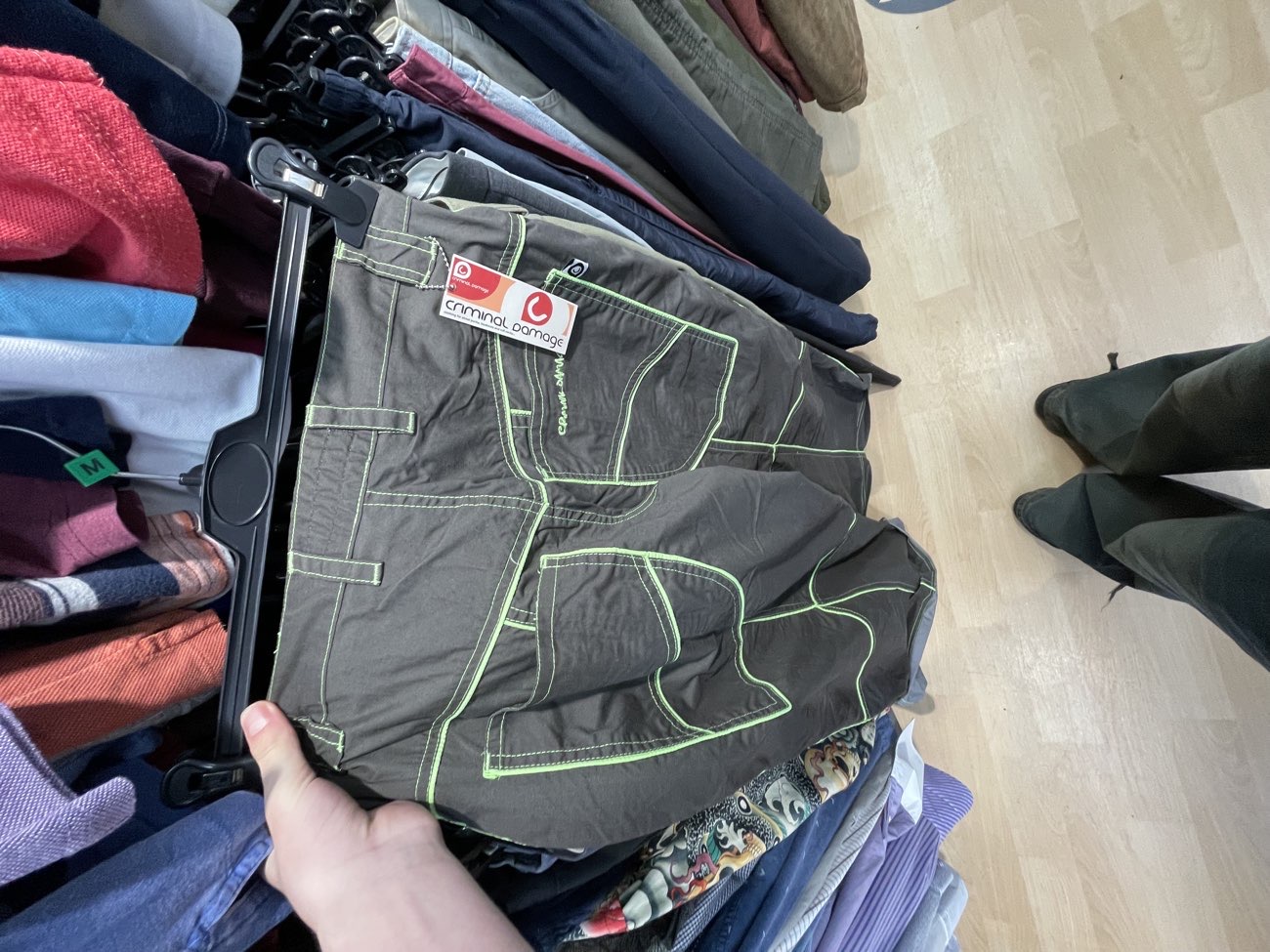 criminal damage 2000s rave trousers bought at The Salvation Army for £6.00