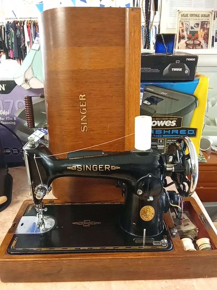 vintage Singer electric sewing machine mounted in its original oak cabinet. In store today📍🔥💥 bought at Five Lamps Charity Shop - Sue Ryder Ireland for €200.00