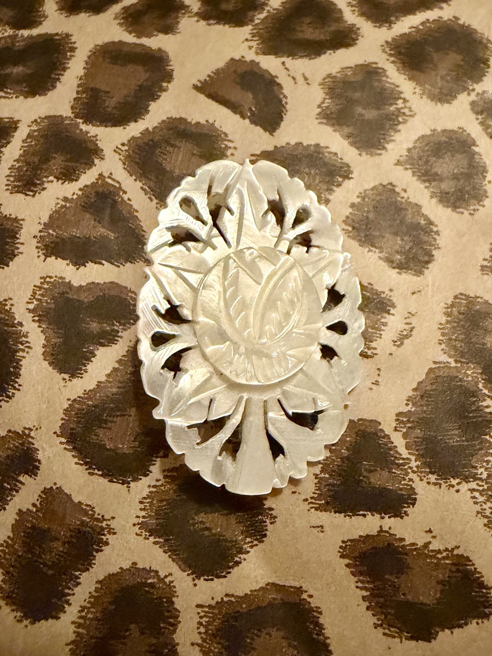 Mother of Pearl carved brooch bought at Thrifterella for £3.00