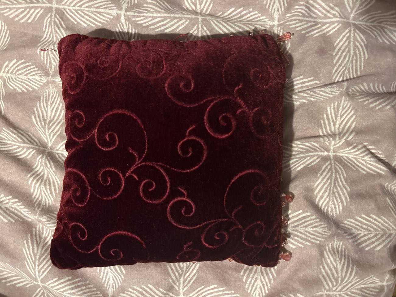 Red Whimsigoth Pillow with Beading on Edges bought at Sue Ryder for £1.95