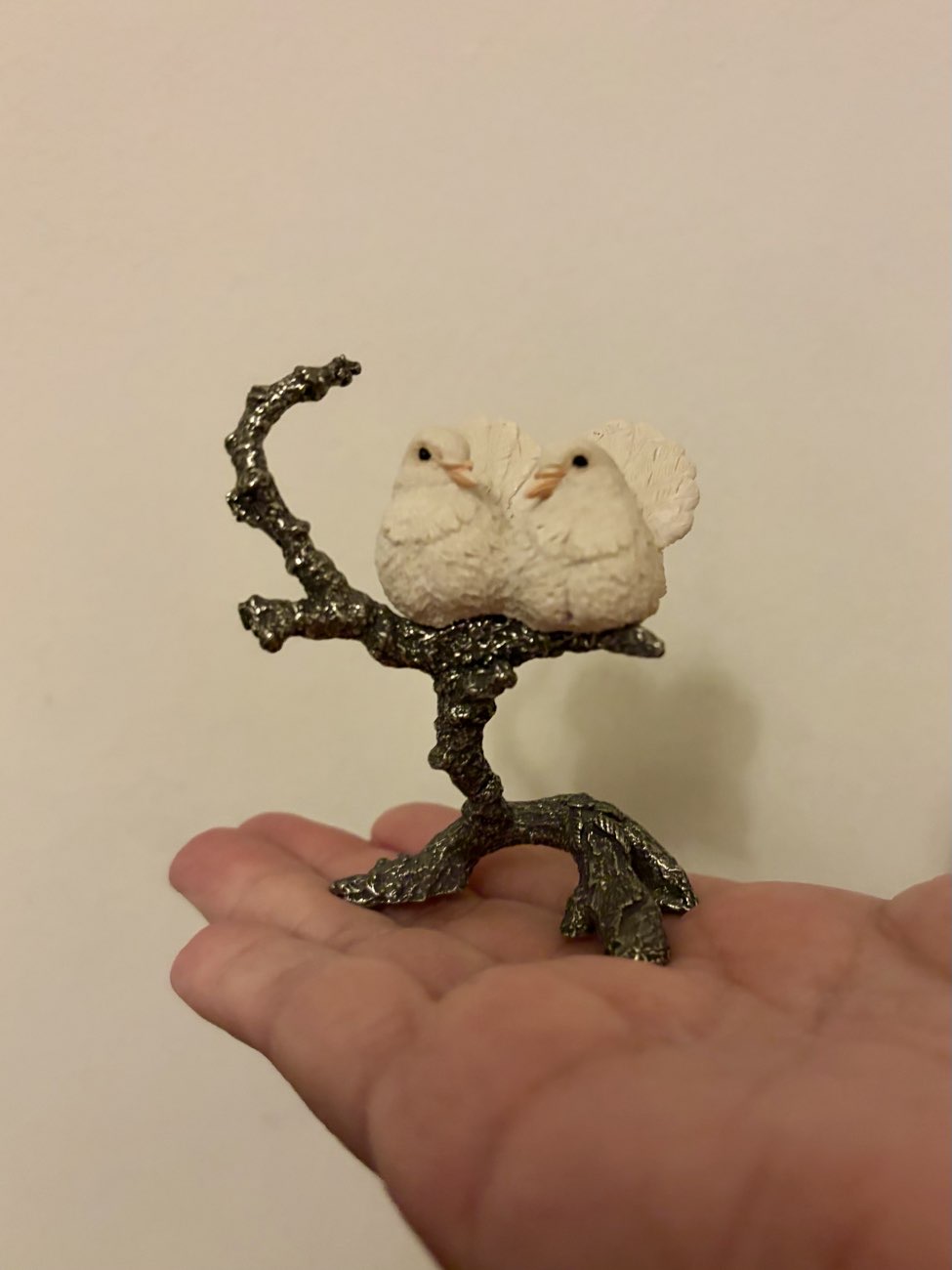 Doves on metal branch ornament bought at Blue Cross charity shop, Droitwich