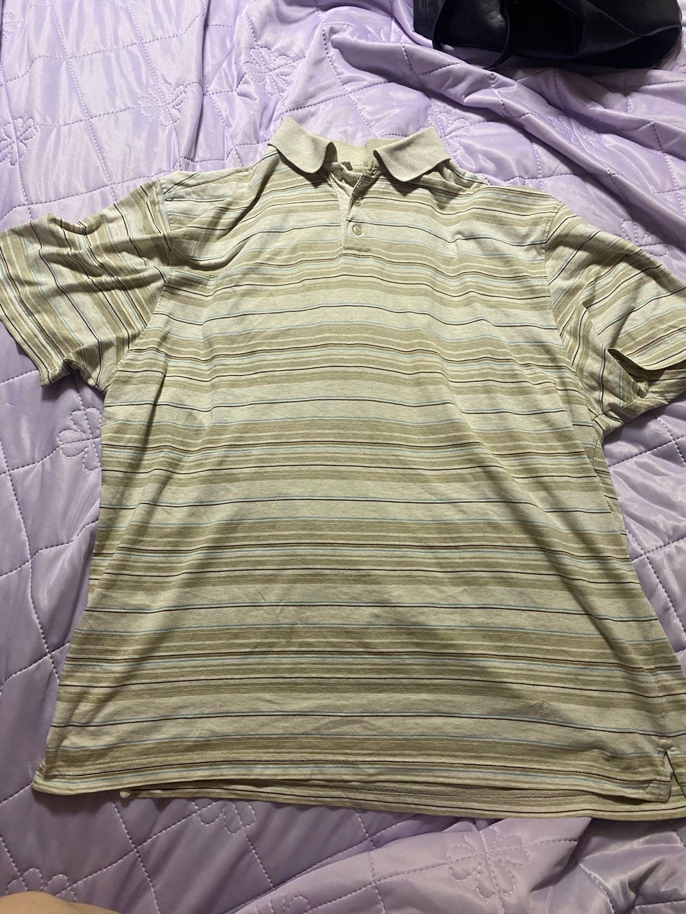Striped Biege Polo Shirt bought at Age UK Charity Shop for £3.49