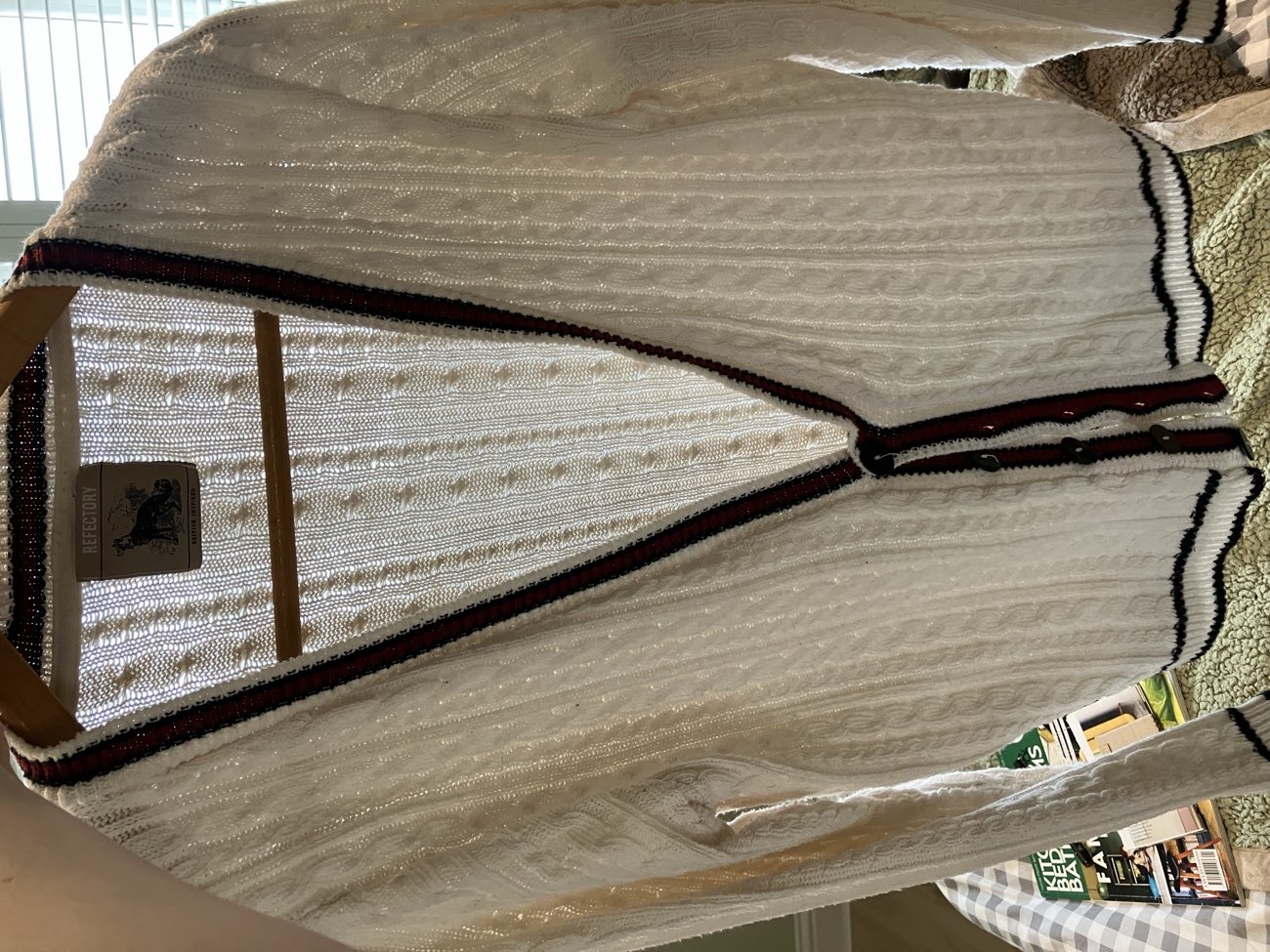 cream, red and blue cardigan product bought at Rowans Hospice Petersfield Emporium for £15.00